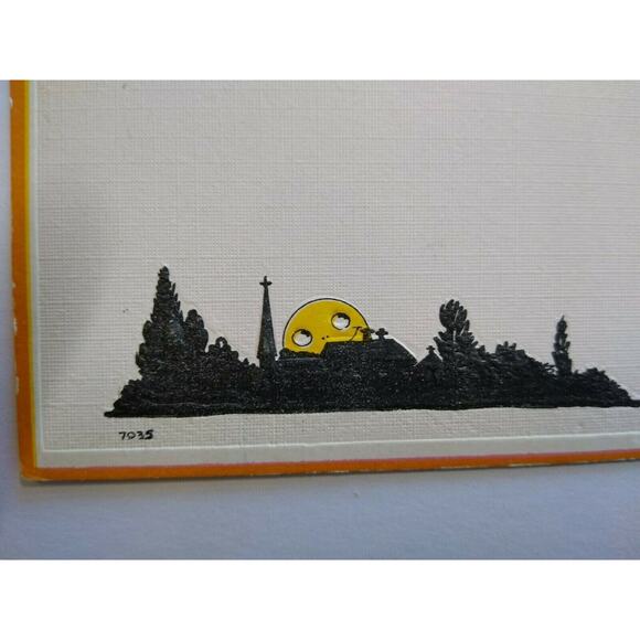 Halloween Postcard Bergman Yellow Moon Peeks Over City Goblin Lady Series 7035 - Picture 2 of 4